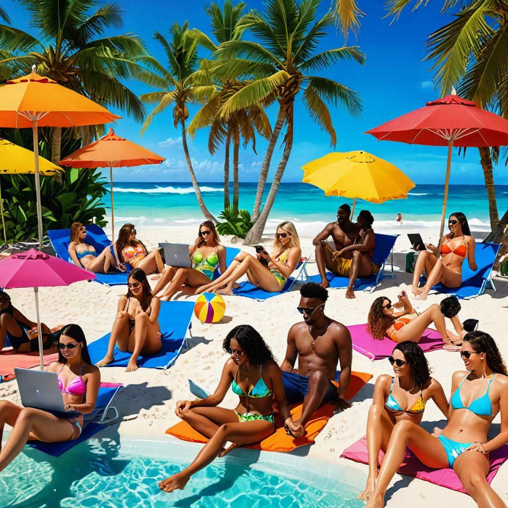 A captivating scene featuring a diverse group of young adults engaging in a live streaming session from a beach with vibrant scenery. Each person is wearing stylish, sexy swimwear, showcasing various body types, with cameras and phones capturing their fun moments. The atmosphere is lively with tropical decorations and bright colors, highlighting the essence of modern adult content creation. Include elements of technology like laptops and smartphones with streaming visuals. super-realistic. vibrant colors. tropical theme.